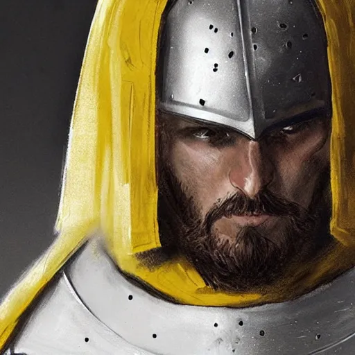 Image similar to man in crusader armor and white cape with yellow kingdom of jerusalem emblem on it drawn by greg rutkowski realistic high detail