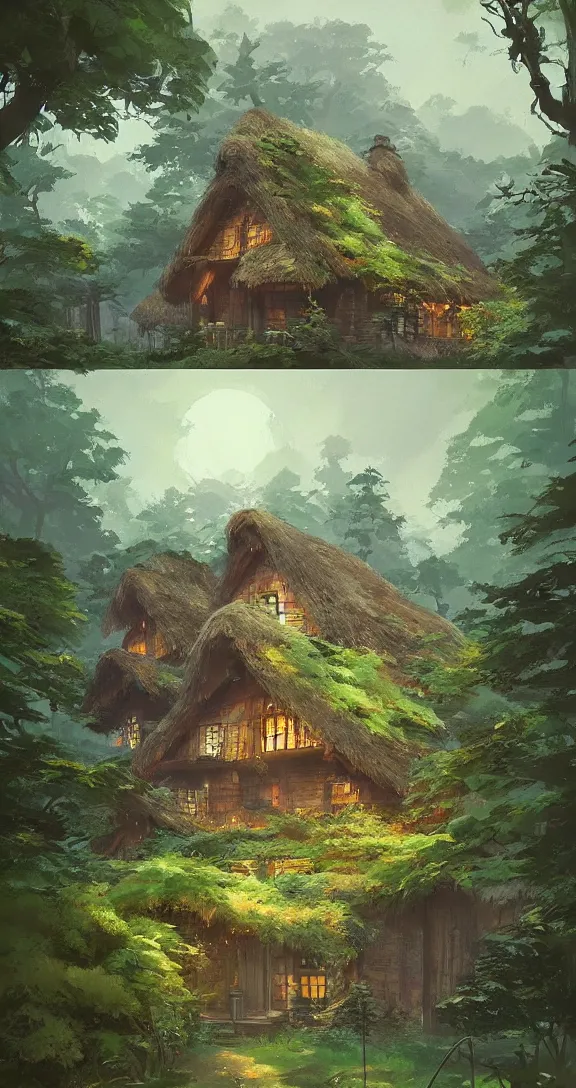 Image similar to Stunning cottage, solar, lush, forest, beautiful, by Studio Ghibli and Greg Rutkowski, artstation