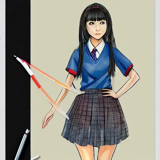 Image similar to a perfect, realistic professional digital sketch of a Japanese schoolgirl in style of Marvel, full length, by pen and watercolor, by a professional American artist on ArtStation, a hollywood-style sketch, on high-quality paper