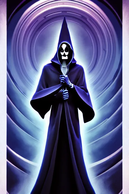 Image similar to video game cover, disney grim reaper dressed with a cape, intricate baroque style. by glen keane, by goro fujita, by octavio ocampo, masterpiece. intricate artwork, very coherent symmetrical artwork, cinematic, octane render, smooth gradients, high contrast. full body character, clean ink detailed line drawing