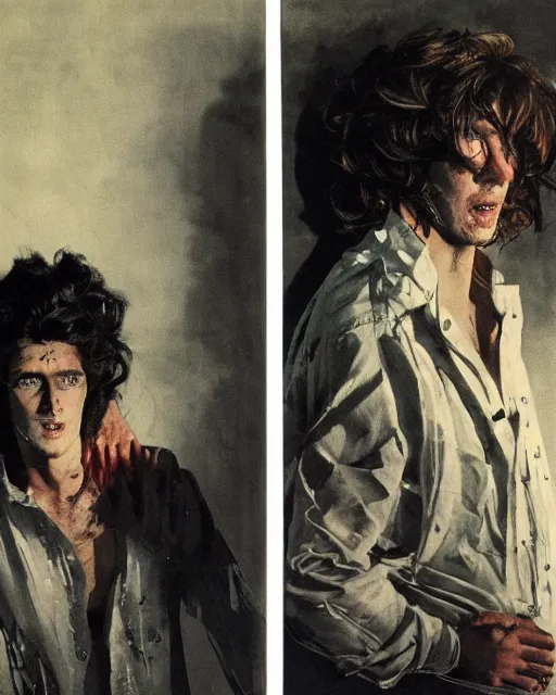 Image similar to two handsome but sinister young men in layers of fear, with haunted eyes and wild hair, 1 9 7 0 s, seventies, wallpaper, a little blood, moonlight showing injuries, delicate embellishments, painterly, offset printing technique, by coby whitmore, mary jane ansell