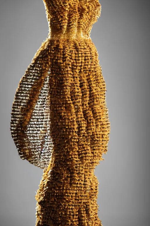 Image similar to A beautiful dress made of a bee hive, on a mannequin. High resolution, studio lighting