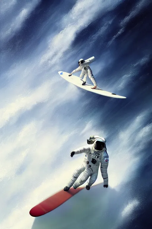 Image similar to a beautiful digital painting of an astronaut in a white space suit surfing the great wave on a surfboard by greg rutkowski, photorealistic, trending on artstation, octane render