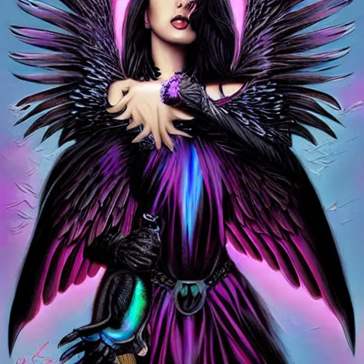 Prompt: a robed raven angel with iridescent black raven wings, by Artgerm, Steve Argyle, Mark Brooks, Jim Burns