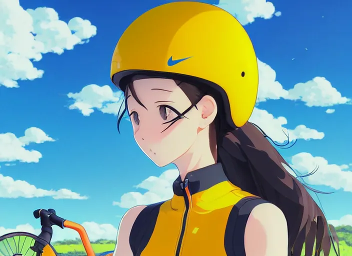 Image similar to portrait of cute girl riding road bike, sunny sky background, lush landscape, illustration concept art anime key visual trending pixiv fanbox by wlop and greg rutkowski and makoto shinkai and studio ghibli and kyoto animation, symmetrical facial features, sports clothing, yellow helmet, nike cycling suit, backlit, aerodynamic frame, orange handlebar, realistic anatomy