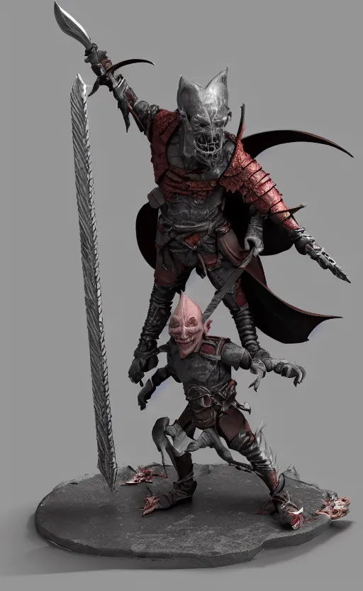 Image similar to Realistic Grey Goblin wearing cape and medieval armor holding a sword, 3D society, trending on artstarion, DND character, by Hirohiko Araki, 8K resolution, miniature, small character, beautiful