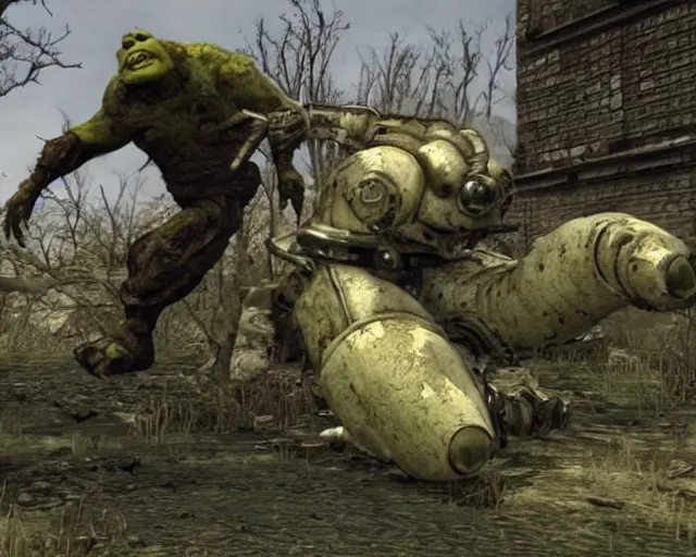 Image similar to screenshot from fallout 3 of shrek fighting a deathclaw, ray tracing, photorealistic graphics, nuka cola factory, swamp vs radiation,