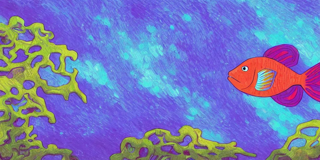 Prompt: A purple fish, swimming in a beautiful coral reef, Digital art, Concept art by Studio Ghibli and Pixar and Vincent Van Gogh