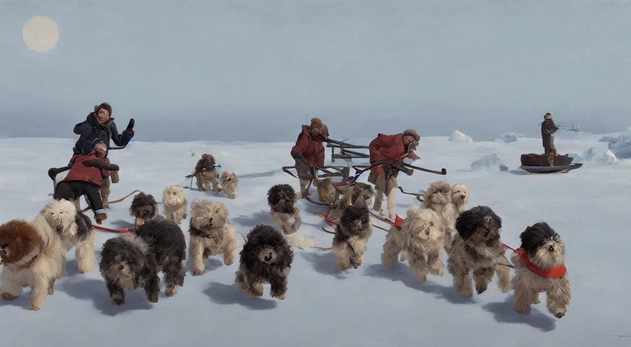 Prompt: havanese dogs and men in the arctic, havanese dogs pulling dog sleds, 1 9 0 0, tartakovsky, atey ghailan, goro fujita, studio ghibli, rim light, bright harsh lighting, clear focus, very coherent
