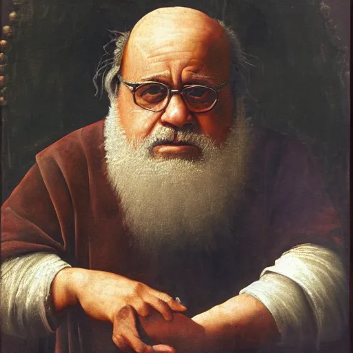 Image similar to renaissance painting of danny devito sitting on a stool, historical, artwork, oil painting, fresco painting, tempera painting