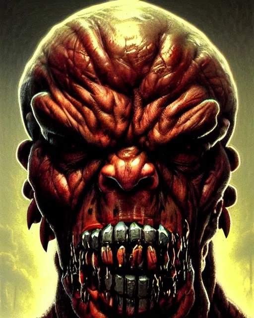 Image similar to doomfist from overwatch, rage, evil zombie, character portrait, portrait, close up, concept art, intricate details, highly detailed, horror poster, horror, vintage horror art, realistic, terrifying, in the style of michael whelan, beksinski, and gustave dore