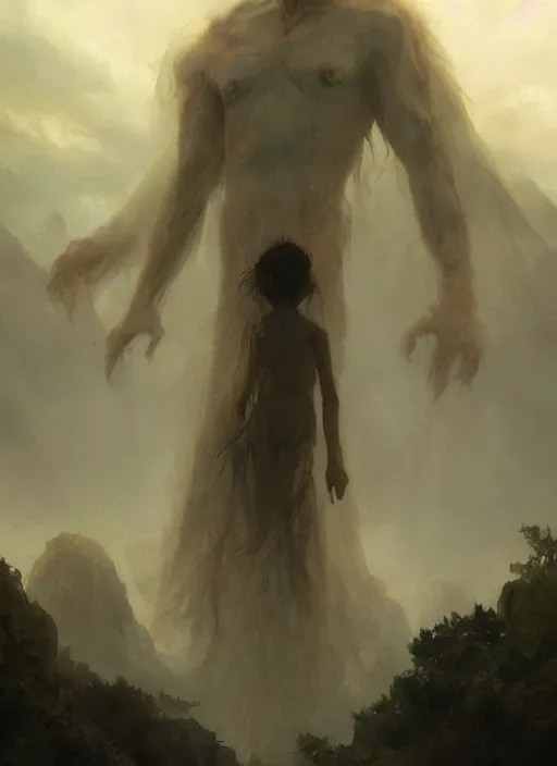 Image similar to a beautiful terrifying pale humanoid giant looms over a tiny human. ethereal fantasy art by greg rutkowski