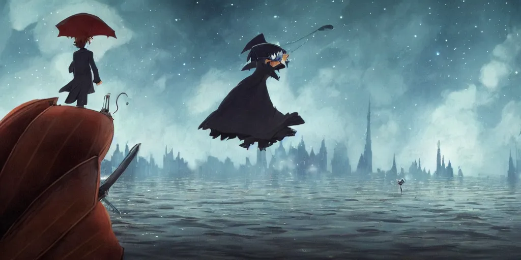 Image similar to a realistic and atmospheric cell - shaded concept art from howl's moving castle ( 2 0 0 4 ) of a multi - colored alien jumping into the air. a man with an umbrella is standing in a boat in a flooded city. it is a misty starry night. very dull muted colors, hd, 4 k, hq