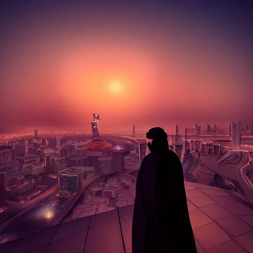 Image similar to arab man overlooking Riyadh city at night silhouette dramatic, dark, superhero, concept design, environment concept, artstation, digital art