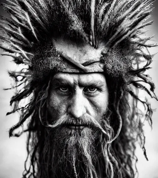 Prompt: Award winning Editorial photograph of Early-medieval Scandinavian Folk monsters with incredible hair and beautiful hyper-detailed eyes holding a battle-axe, wearing traditional garb in a thuderstorm by Lee Jeffries, 85mm ND 4, perfect lighting, gelatin silver process