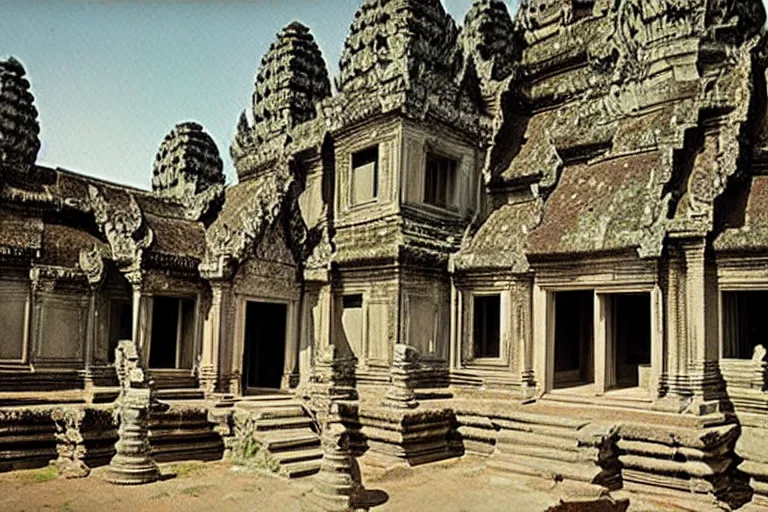 Prompt: Reconstructed Angkor Wat colorized photography from 1920