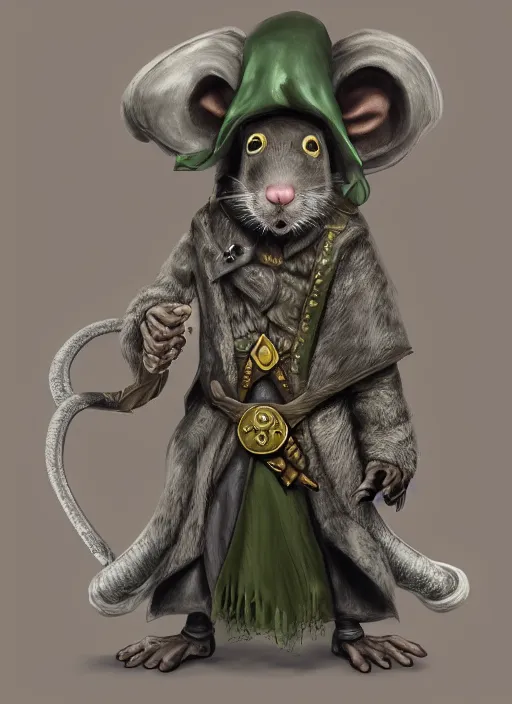 Prompt: gray rat standing on two legs with a gray beard, serious, mean eyes, wearing jewelry, tricorne hat, green robe, D&D, digital art, realistic, detailed face, highly detailed, trending on artstation, 4k, sea in the background