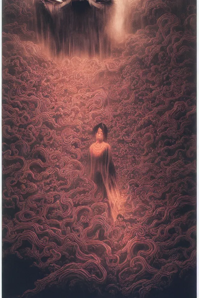 Image similar to zhongyuan festival, chinese ghost festival, king of hell, inside page of comic book, psychedelic lights and fog, in the style of zdzislaw beksinski, ayami kojima, takato yamamoto, barclay shaw, karol bak, glowing light and shadow, hyperrealist