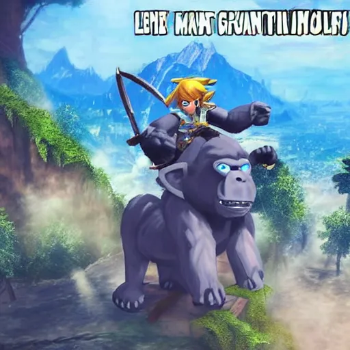 Prompt: link from the legend of zelda riding a giant gorilla, 6 0 fps max settings, beautiful, ingame screenshot