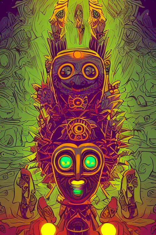 Prompt: totem majora's mask tribal feather gemstone plant wood rock shaman vodoo video game vector illustration vivid color borderlands by josan gonzales and dan mumford radiating a glowing aura