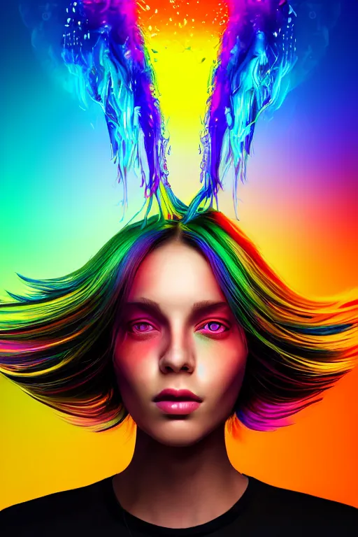 Image similar to a award winning half body portrait of a beautiful woman with stunning eyes in a croptop and cargo pants with rainbow colored ombre hairstyle head in motion and hair flying by thomas danthony, surrounded by whirling illuminated liquids, outrun, vaporware, shaded flat illustration, digital art, trending on artstation, highly detailed, fine detail, intricate