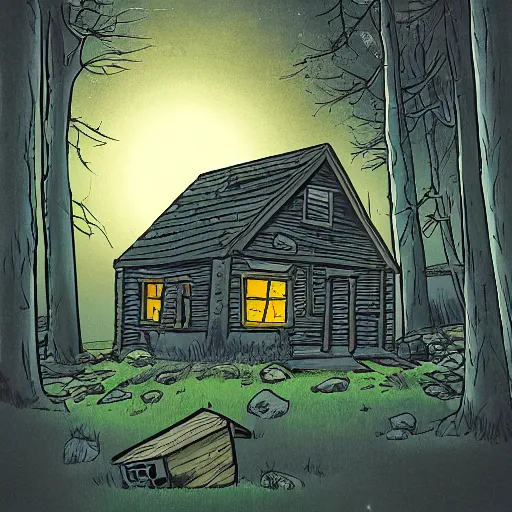 Prompt: a illustration of a Eerie cabin in the middle of the woods in the style of Stan lee comic book