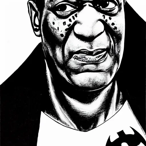 Prompt: bill cosby as Batman art by Frank Miller black and whiten ink detailed portrait trending on artstarion#