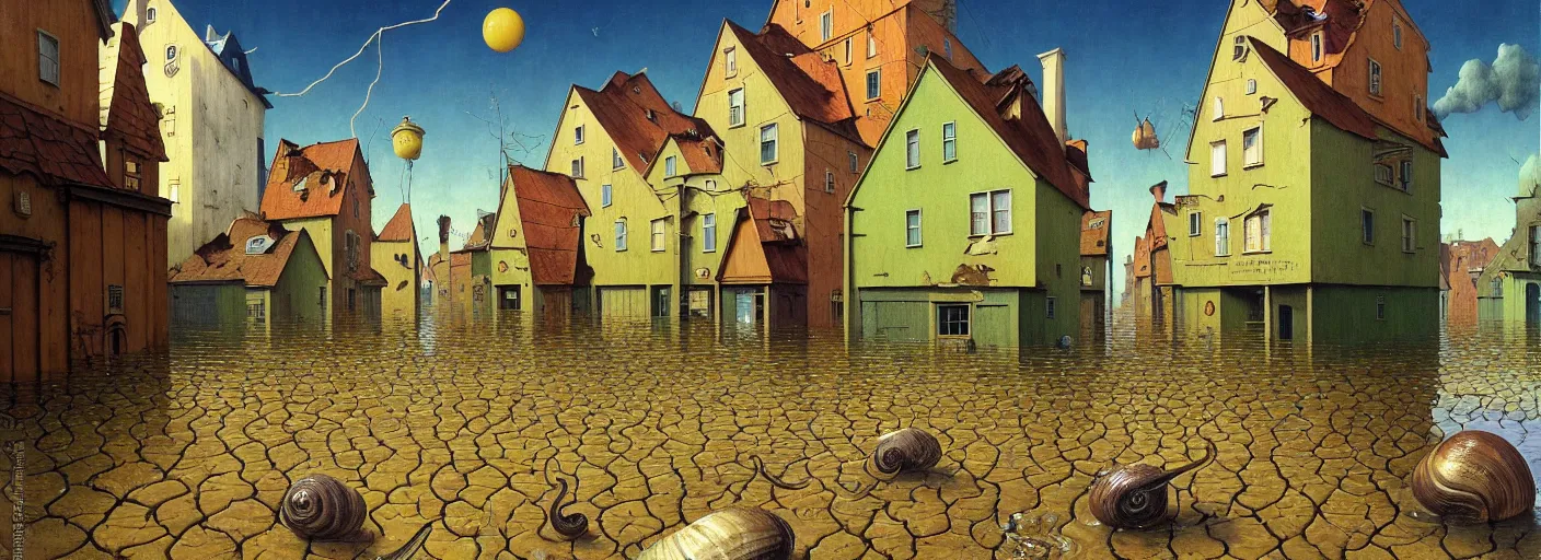 Prompt: flooded! old wooden! empty cursed snail city street, very coherent and colorful high contrast masterpiece by gediminas pranckevicius rene magritte norman rockwell franz sedlacek, full - length view, dark shadows, sunny day, hard lighting, reference sheet white background