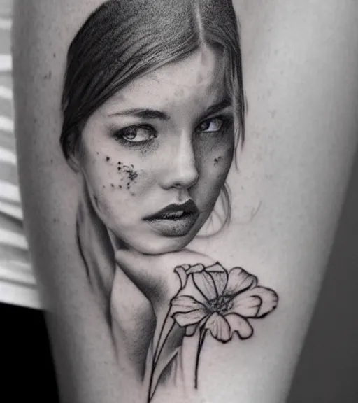 Image similar to a beautiful girl portrait, faded mountain background, realism tattoo, in the style of den yakovlev, black and white, hyper realistic, highly detailed