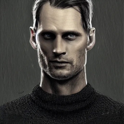 Prompt: A man who looks like a mixture between Ryan Golsing, Alexander Skarsgård and Antony Starr, wearing black sweater, scifi, highly detailed portrait, digital painting, artstation, concept art, smooth, sharp foccus ilustration, Artstation HQ.