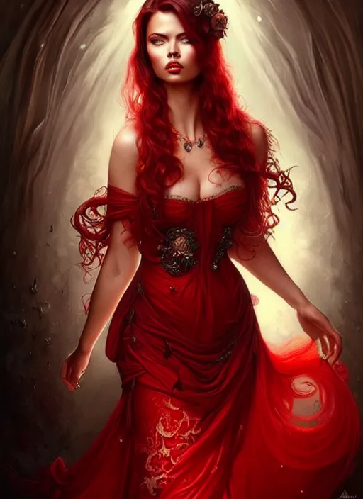 Image similar to a beautiful woman with baroque dress, red hair, adriana lima, painted by artgerm and tom bagshaw, fantasy art, dramatic lighting, highly detailed oil painting