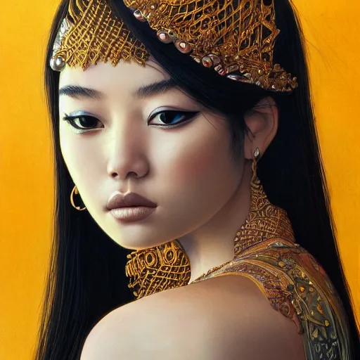 Image similar to Beautiful detailed portrait of an exotic goddess by Nick Silva, Shin JeongHo, Wandah Kurniawan, Symmetrical composition with people centered, realistic proportions, trending on artstation