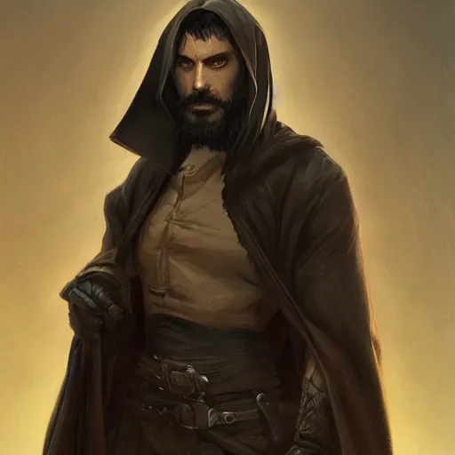 Prompt: portrait of a male rogue with short black hair and beard wearing brown clothes and a black hooded cloak, half body, fantasy, highly detailed, digital painting, artstation, concept art, character art, art by greg rutkowski and tyler jacobson and alphonse mucha