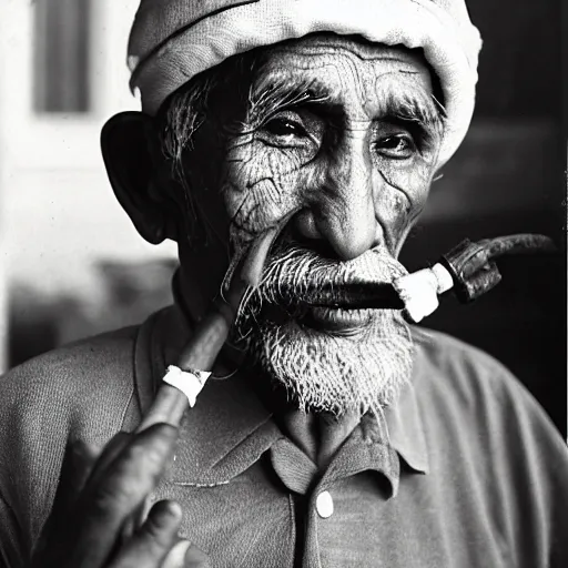 Prompt: photograph of an elderly hui muslim man looking at the camera and smoking a pipe