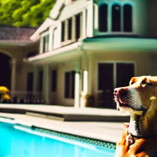 Image similar to a very detailed photo of a dog smoking a cigar outside the mansion by the pool