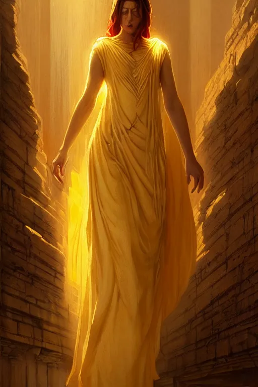 Image similar to possessed woman wearing an ancient greek tunic made of yellow paper, stephen bliss, unreal engine, fantasy art by greg rutkowski, rhads, ferdinand knab, makoto shinkai and lois van baarle, ilya kuvshinov, rossdraws, tom bagshaw, global illumination, radiant light, ancient greek temple ruins, red blue color theme