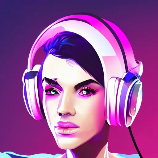 Image similar to synthwave girl wearing headphones, animated, trending on artstation, portrait