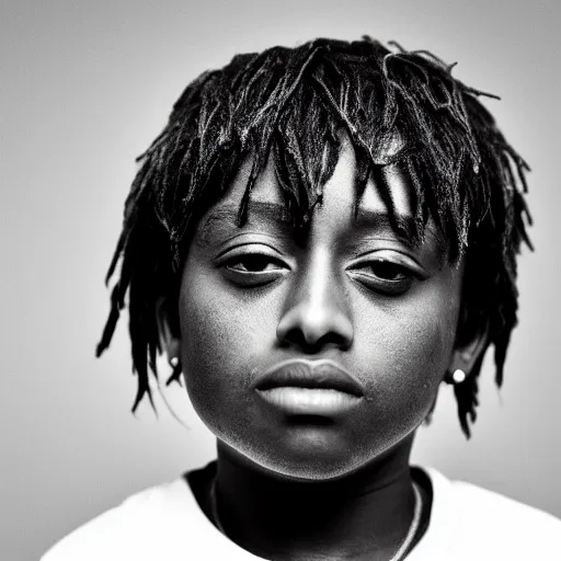 Prompt: the face of young juice wrld at 1 0 years old, black and white portrait by julia cameron, chiaroscuro lighting, shallow depth of field, 8 0 mm, f 1. 8