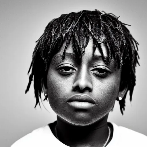 Image similar to the face of young juice wrld at 1 0 years old, black and white portrait by julia cameron, chiaroscuro lighting, shallow depth of field, 8 0 mm, f 1. 8