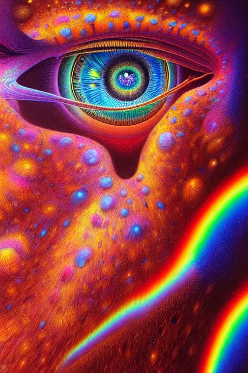 Image similar to hyperrealistic abstract close-up Renaissance psychedelic!! celestial happy! pure creature!! peaceful! kind spirit of nature! beautiful fractal!! eyes! highly detailed concept art eric zener elson peter cinematic hard rainbow lighting high angle hd 8k sharp shallow depth of field endless, inspired by Zdzisław Beksiński Salvador Dali