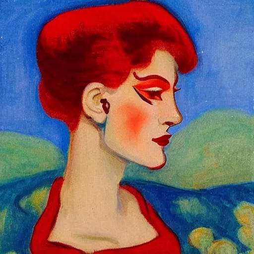 Image similar to Woman model appearance, in the colors of Russian folk art, red hair, coral lips blue shadow, style Edward Hopper