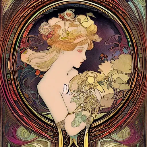 Prompt: Alice in Wonderland,Diamonds Blaze,Rose twining,out of time and space,dreamy, eternity, romantic,highly detailed,in the style of Alphonse Maria Mucha, highly detailed,night lighting