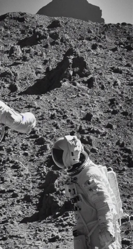 Prompt: astronaut taking a selfie with jesus christ at golgotha, mountain of skulls in background, realistic old photo, coal dust, lomo