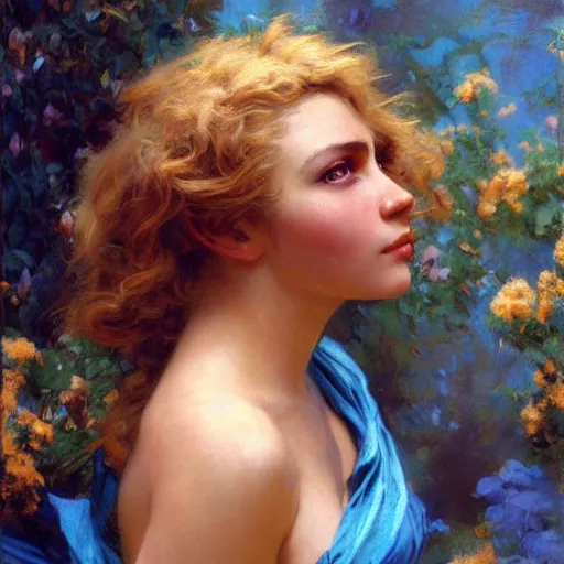 Prompt: detailed cinematic wide shot of beautiful attractive woman clean skin blue yese blonde hair, ultra realistic, spring light, painting by gaston bussiere, craig mullins, j. c. leyendecker