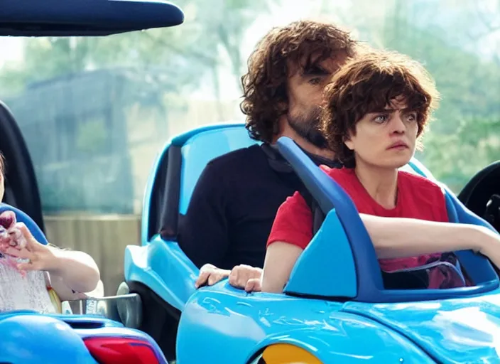 Image similar to peter dinklage and alexandra daddario driving a little tikes cozy coupe, movie still, from the new fast and furious tokyo drift movie, 8 k, realistic