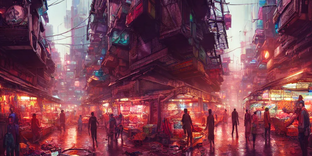 Prompt: an intricate concept art of a market slum inside a megastructure city, cyberpunk neon light district, sci-fi, cinematic lighting, hyper realistic, art by dylan cole, detailed matte painting, digital art, sci-fi film color palette