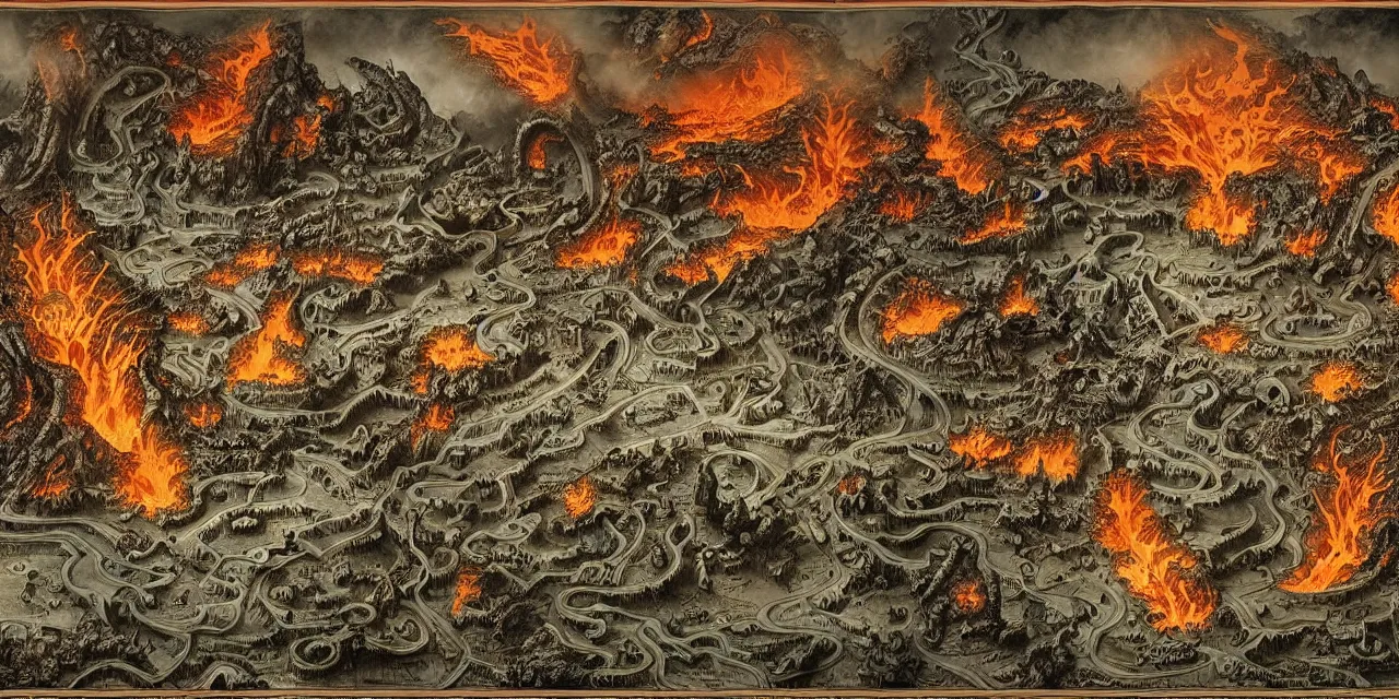 Prompt: intricate detailed ancient map of the regions of hell and the dimensions of the damned, inferno flames demons daemons purgatory limbo, technical cartography with annotations and notes in the margins, by andreas rocha and peter mohrbacher