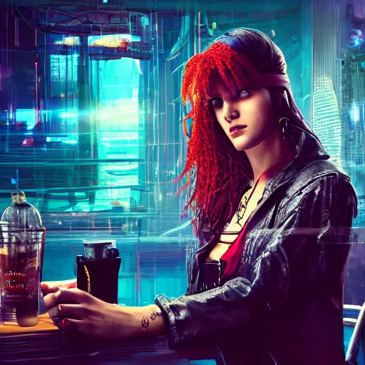 Image similar to a high quality portrait of a beautiful stunning pirate in a cyberpunk cyberpunk cyberpunk cafe, realism, 8k, award winning photo