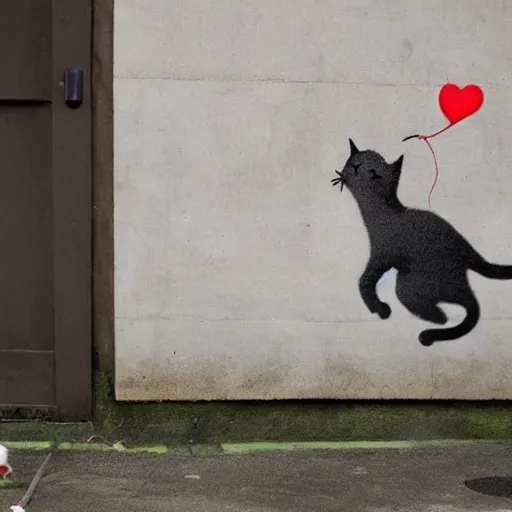 Prompt: a cat trying to catch a balloon on concrete, by banksy