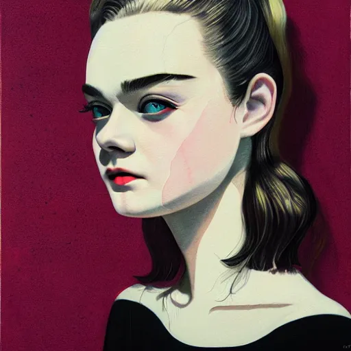 Prompt: Elle Fanning in Mad Men picture by Sachin Teng, asymmetrical, dark vibes, Realistic Painting , Organic painting, Matte Painting, geometric shapes, hard edges, graffiti, street art:2 by Sachin Teng:4